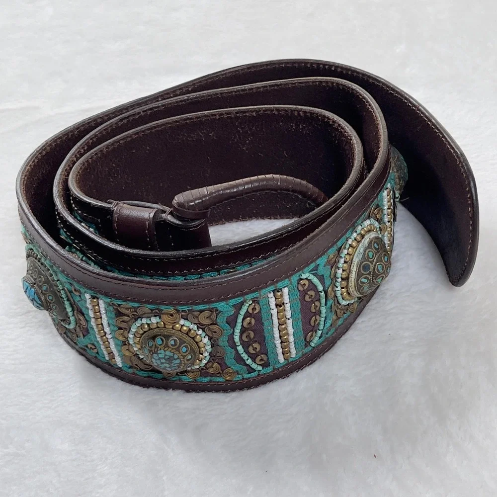 Chicos Turquoise Beaded Thick Leather Belt Womens Sz L Brown Boho Medallion